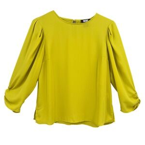 DKNY Womens Lantern Sleeve Blouse Chartreuse Citron Yellow Keyhole Back Size M